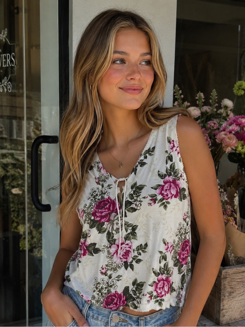 Cotton Floral Rose Tie Front Tank Top | Cottagecore Coquette Y2K